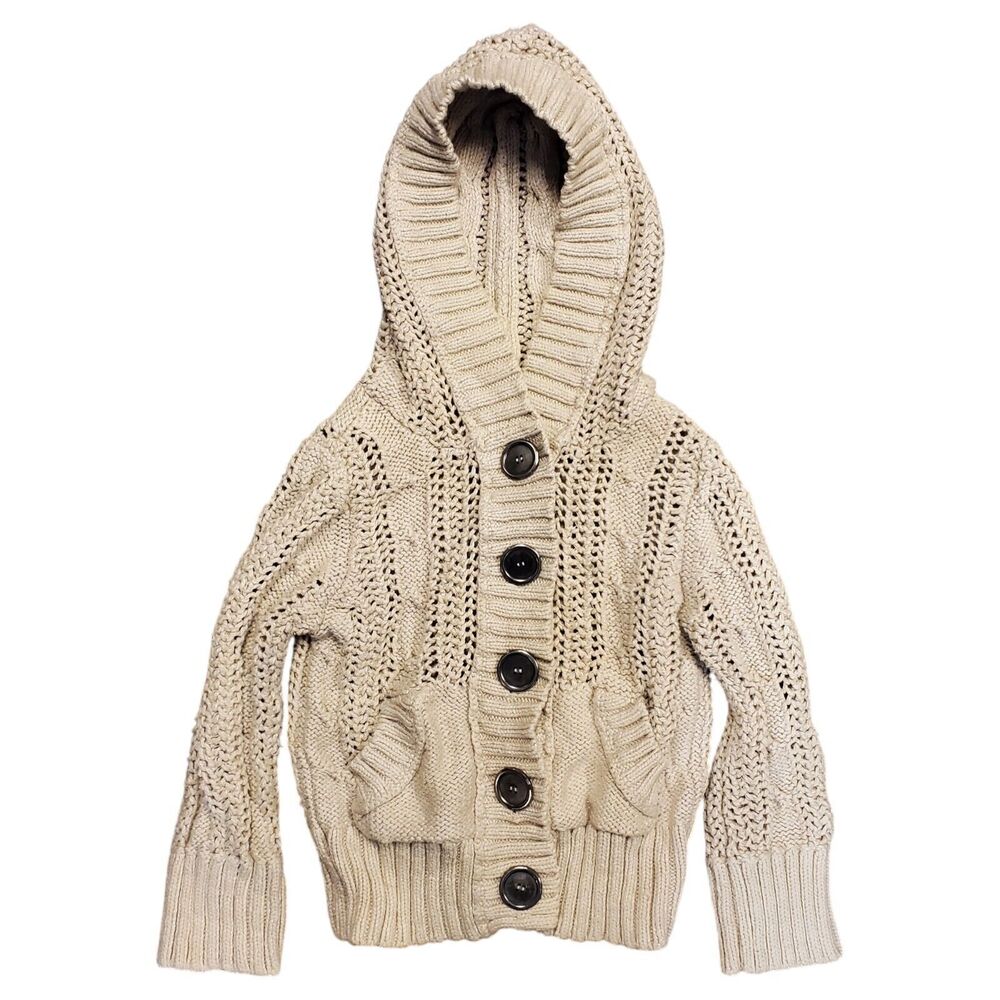 FREE PEOPLE Sweater Womens XS Beige Casual Button Up Cable Knit Hooded Boho